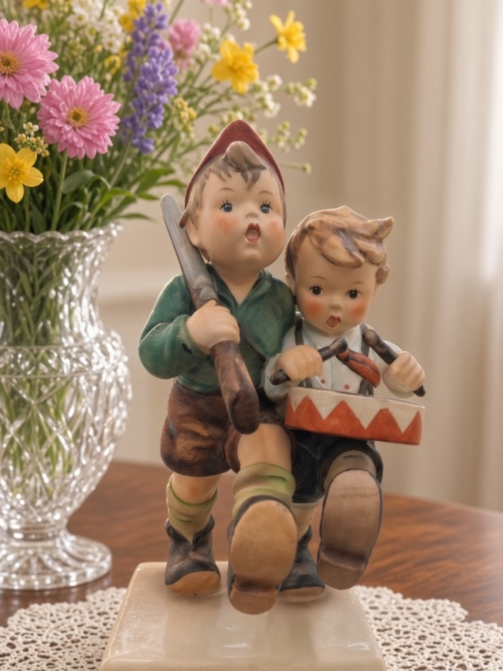 Hummel Porcelain Figurine of Two Children in Green and Brown Volunteer Vintage